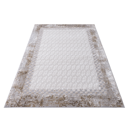 Geometric Beige Area Rug with distressed textures at the edges