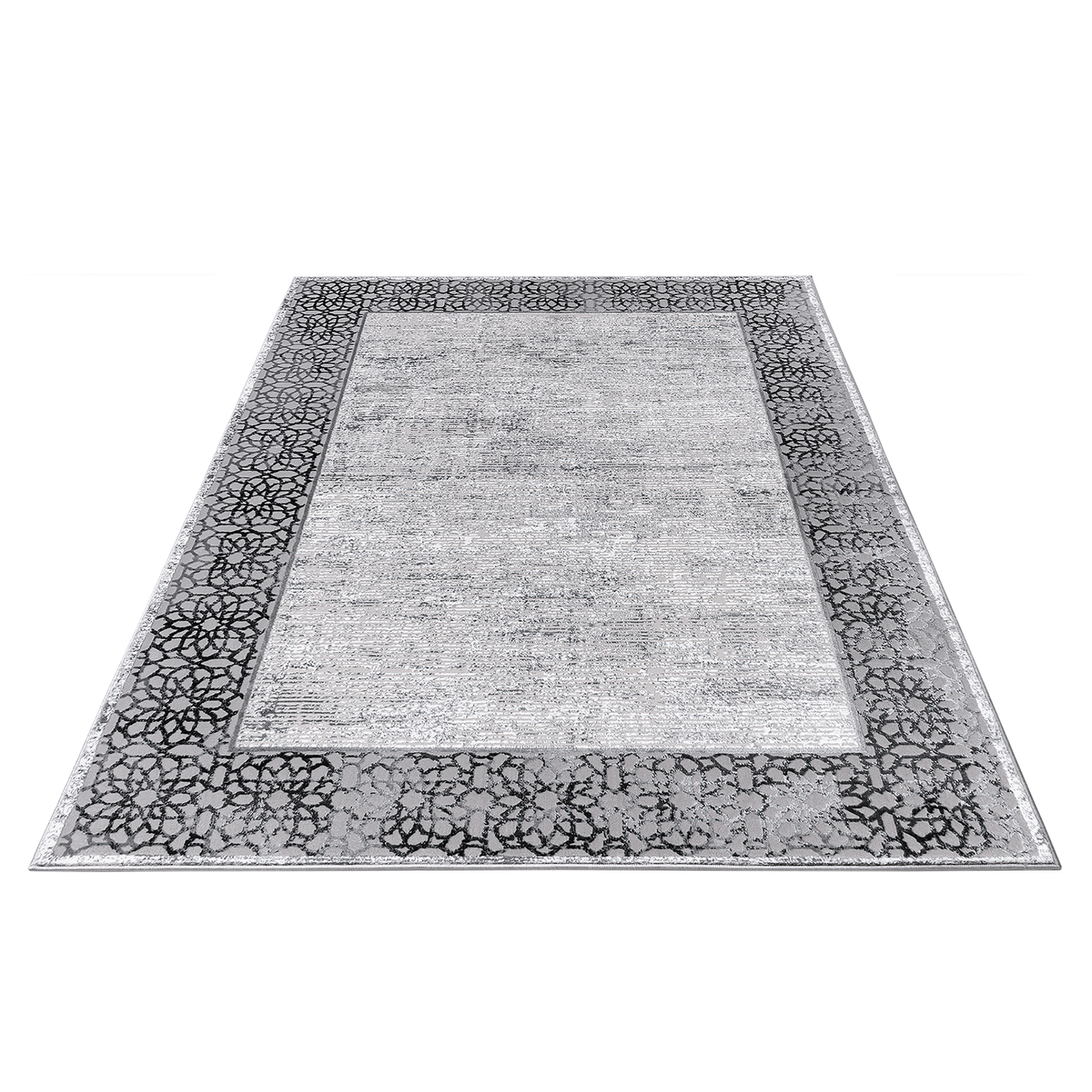 Rectangle Grey Mandala Area Rug with black motifs at the edges