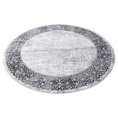 Grey Mandala Round Rug with black motifs on grey