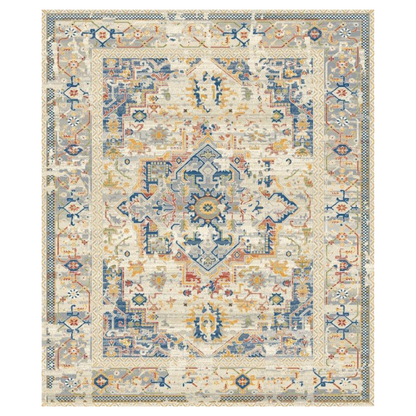 Top view of Mystic Heirloom Area Rug that has distressed boho kilim patterns in beige, blue, yellow hues