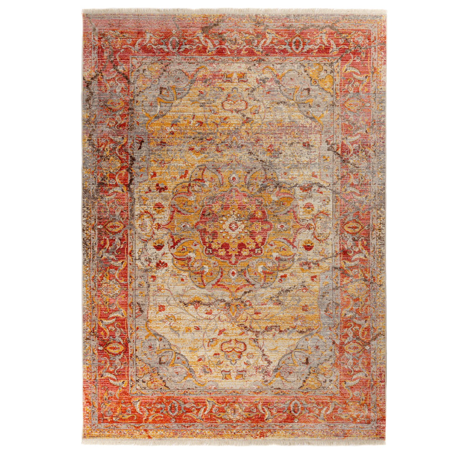 Top view of vintage-style Turkish rug with an Oriental pattern in pink, beige, and shadow yellow