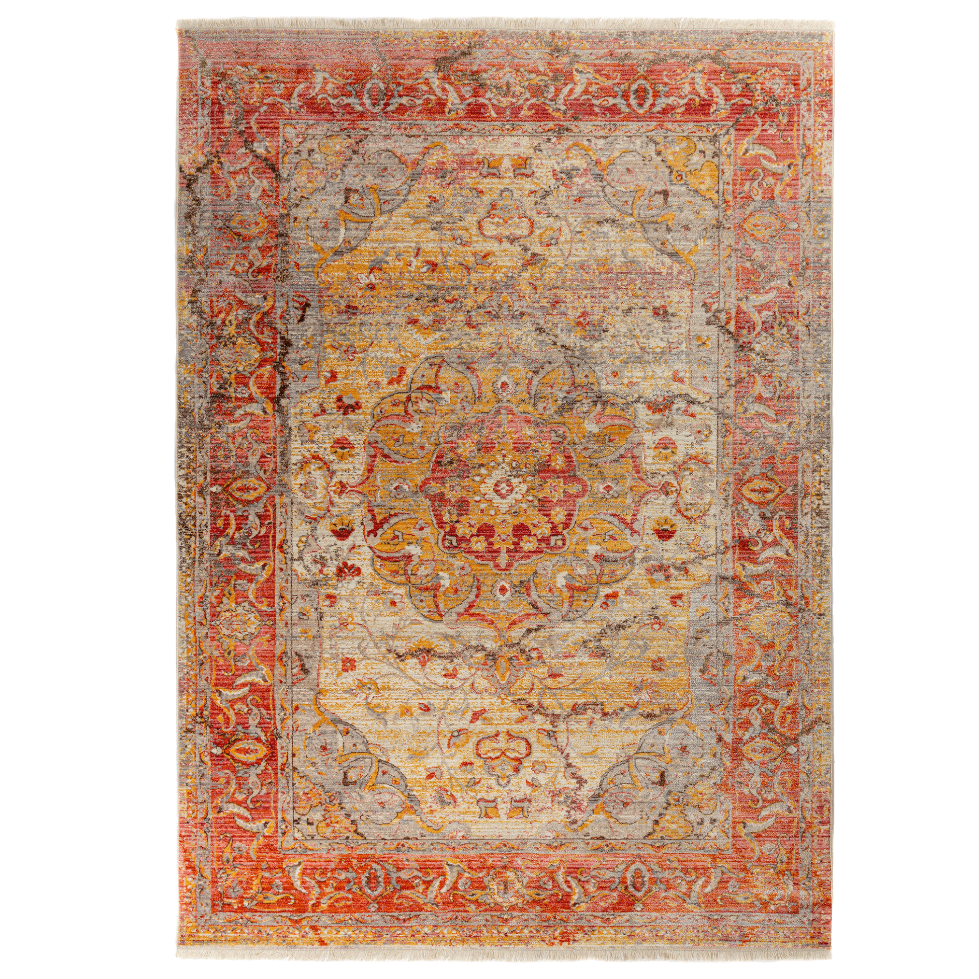 Top view of vintage-style Turkish rug with an Oriental pattern in pink, beige, and shadow yellow