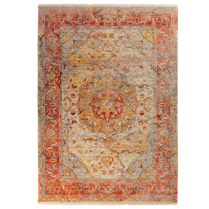 Top view of vintage-style Turkish rug with an Oriental pattern in pink, beige, and shadow yellow